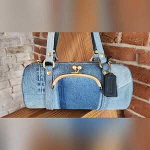 Coach Kisslock Barrel Bag 28 In Repurposed Denim